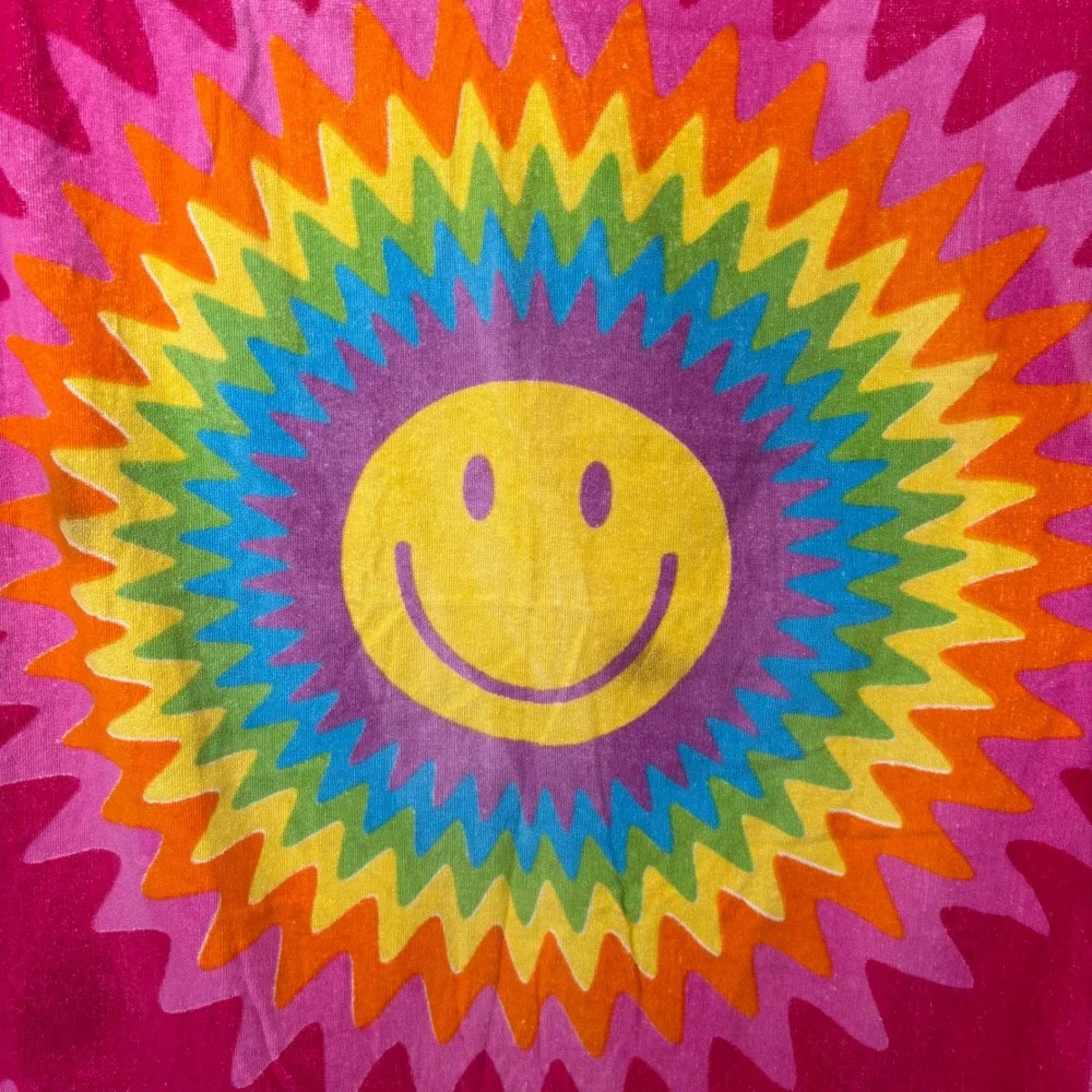 VTG Retro Groovy Rainbow Smiley Face Beach Towel Drawstring Bag‎ Pink 100 Cotton